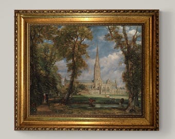 Salisbury Cathedral Canvas Print: John Constable Masterpiece with Vintage Golden Frame, Brush Strokes