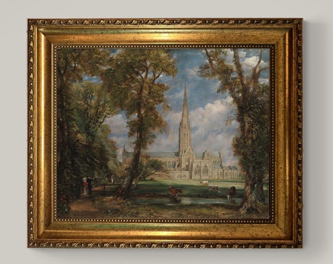 Salisbury Cathedral Canvas Print: John Constable Masterpiece with Vintage Golden Frame, Brush Strokes