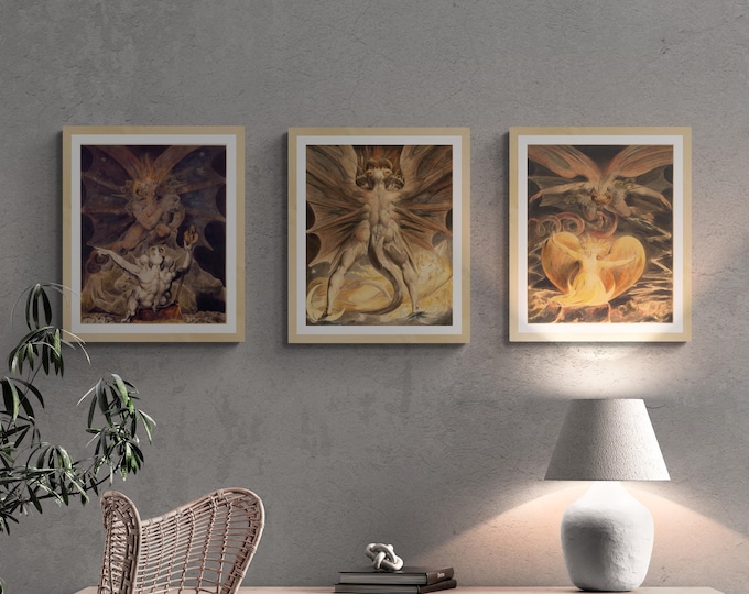 Set of 3 William Blake Paintings, The Cosmic Battle: The Great Red Dragon and the Woman Clothed with the Sun, The number of the beast is 666