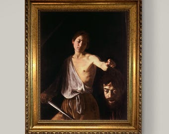 Caravaggio David and Goliath 3D Canvas Print: Gold Wooden Frame, Brush Stroke Texture