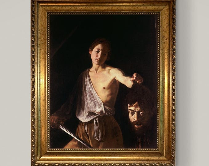 Caravaggio David and Goliath 3D Canvas Print: Gold Wooden Frame, Brush Stroke Texture