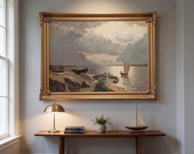 Maritime Oil Painting | "Summer Day on the Christianiafjord" in Vintage Gold Frame