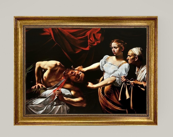 Caravaggio's iconic art: Judith Beheading Holofernes  | 3D Hand-Finished Premium Print on Canvas Brush Strokes | Golden vintagous frame