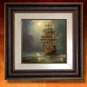 Mystic Voyage: Tallship at Night, Original ship painting, oil on canvas Seascape Decoration, sailing ship       artgift, customer commission