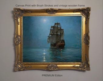 Montague Dawson Crescent Moon Ship Painting, Vintage Framed Giclée Canvas Print
