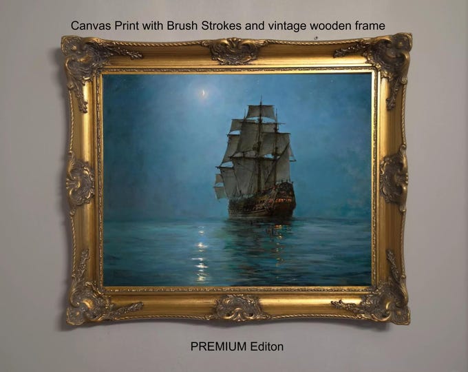 Montague Dawson Crescent Moon Ship Painting, Vintage Framed Giclée Canvas Print