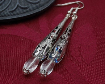 Long Dangle silver earrings, Gothic Renaissance Jewelry