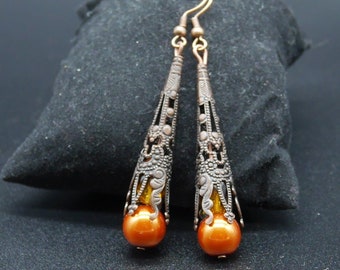 Longues boucles d'oreilles pendantes cuivre orange, bijoux gothique renaissance