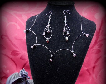 Gothic set of jewelry, Black Glass Flowers necklace and earrings