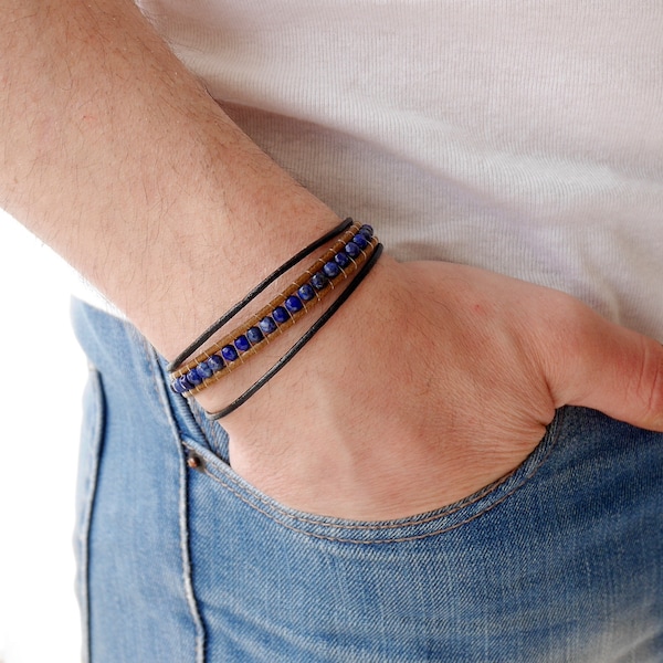 Bracelet pour homme cuir et lapis lazuli