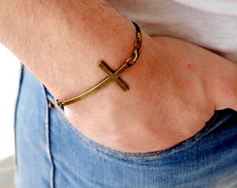 Large bronze cross Leather bracelet for men