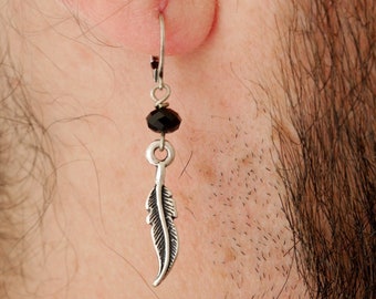 Boucle d'oreille plume métal pour homme