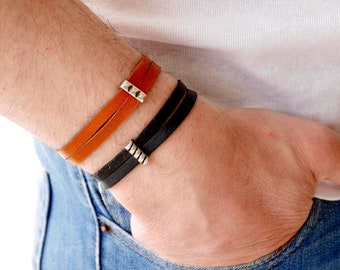 Double leather bracelet for men, T clasp