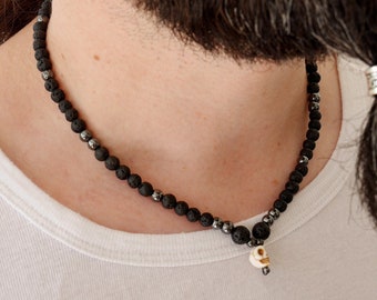 Lava stone and hematite man necklace - Skull necklace