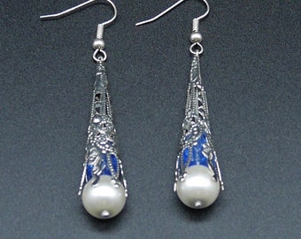 Longues boucles d'oreilles pendantes bleues argent, bijoux gothique renaissance