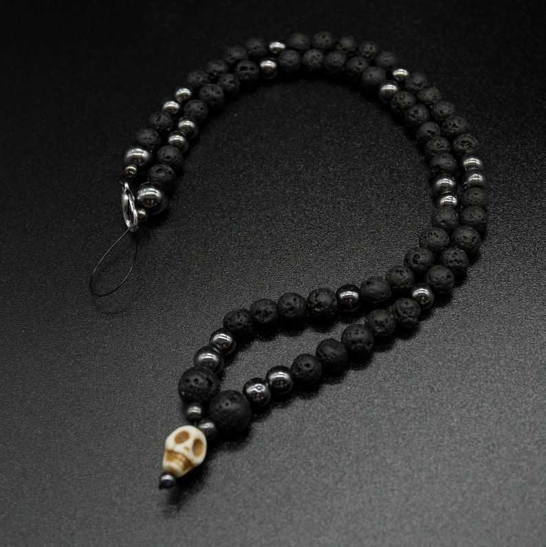Lava stone and hematite man necklace Skull necklace image 6