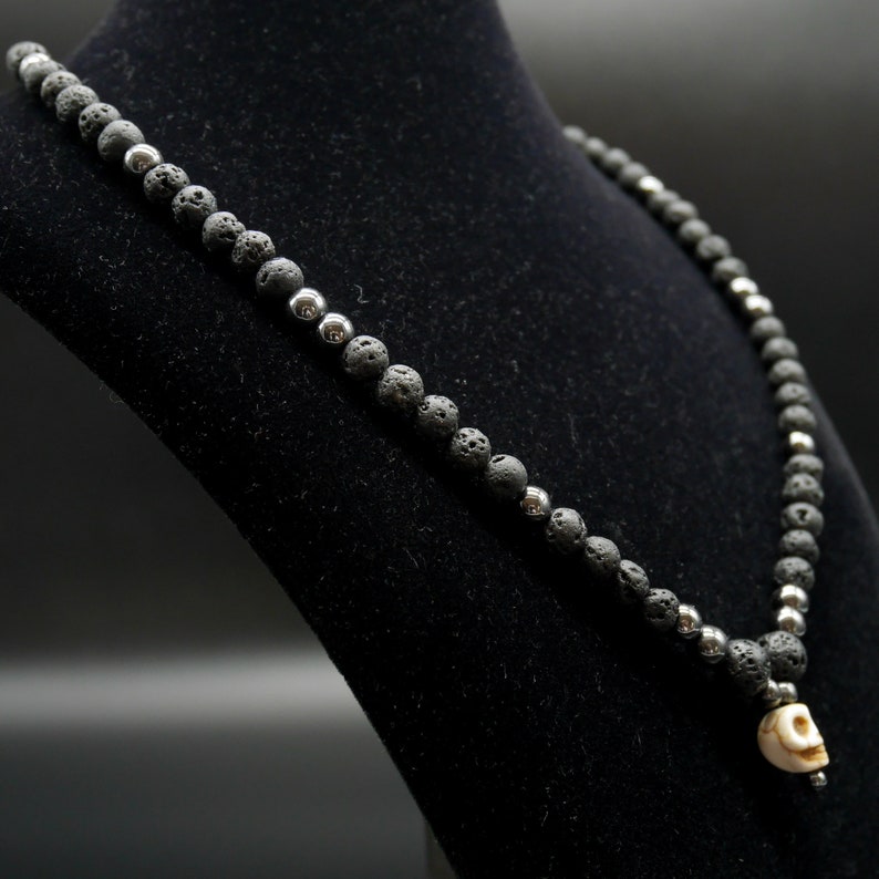 Lava stone and hematite man necklace Skull necklace image 3