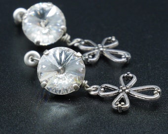 Swarovski crystal studs earrings with silver cross