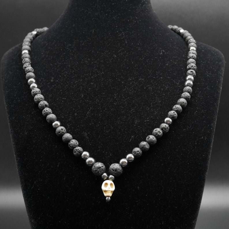 Lava stone and hematite man necklace Skull necklace image 2