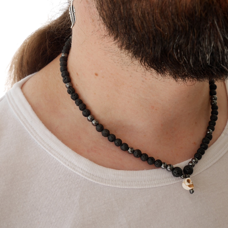 Lava stone and hematite man necklace Skull necklace image 9