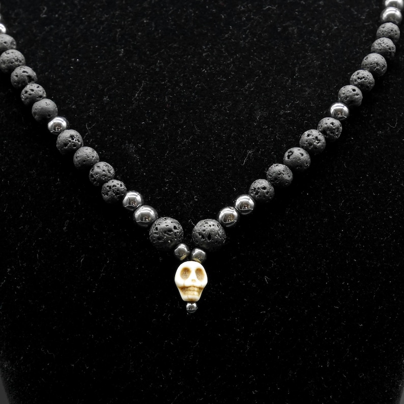 Lava stone and hematite man necklace Skull necklace image 4