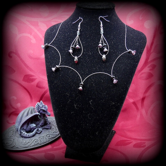 Parure De Bijoux Argent Et Verre Noir - Collier + Boucles D'oreilles - Élégance Intemporelle