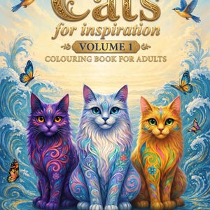 May include: A coloring book titled Cats for Inspiration Volume 1 by Lady Lakshmi. The cover features three cats with intricate floral patterns in purple, blue, and orange, surrounded by swirling blue waves, flying birds, and colorful butterflies.