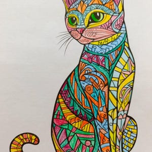 May include: A drawing of a sitting cat filled with intricate geometric patterns and vibrant colors including orange, yellow, blue, green, and pink. The cat has large, bright green eyes, a pink nose, and long whiskers, all outlined in bold black ink.