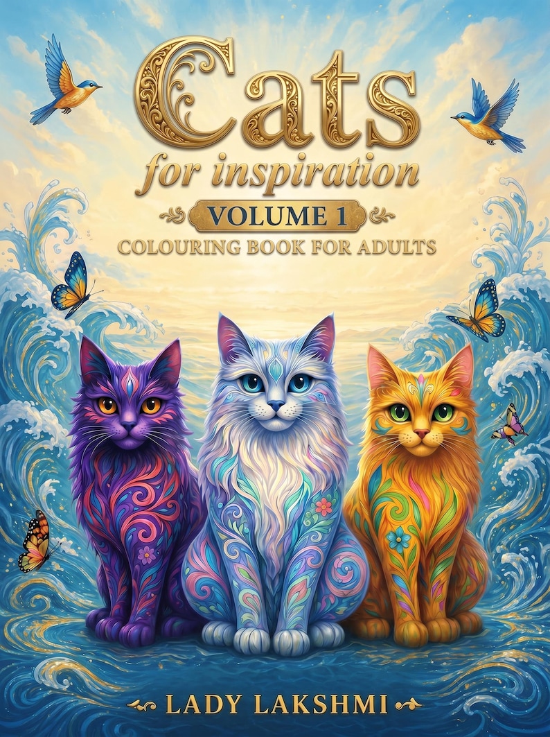 May include: A coloring book titled Cats for Inspiration Volume 1 by Lady Lakshmi. The cover features three cats with intricate floral patterns in purple, blue, and orange, surrounded by swirling blue waves, flying birds, and colorful butterflies.