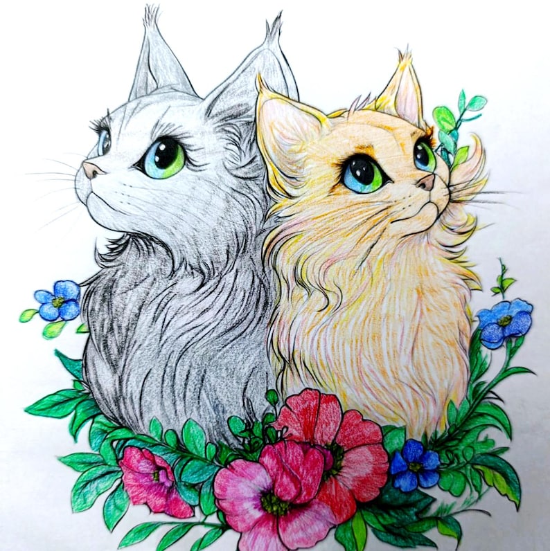 May include: A colored pencil drawing of two fluffy cats sitting side by side, one grey and one light orange, both with large green eyes. They are surrounded by vibrant red and blue flowers with green leaves against a plain white background.