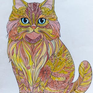 May include: A detailed illustration of a cat featuring intricate patterns and swirls in shades of yellow, orange, and pink. The cat has bright blue eyes, pointed ears, and a long tail, with the entire body filled with decorative floral and line art.