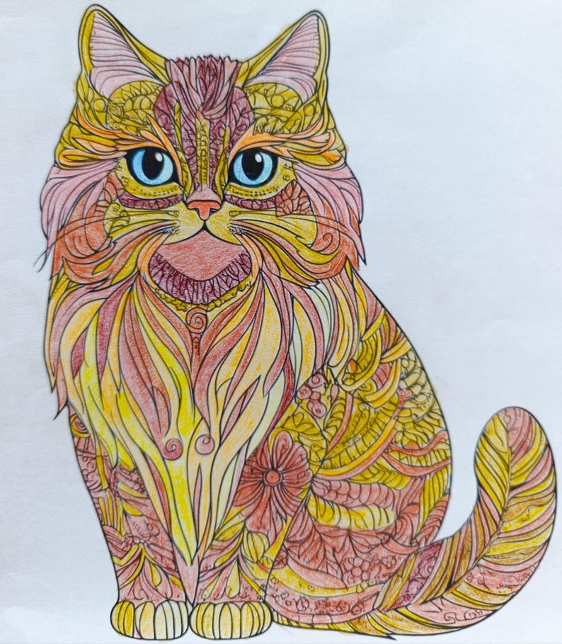 May include: A detailed illustration of a cat featuring intricate patterns and swirls in shades of yellow, orange, and pink. The cat has bright blue eyes, pointed ears, and a long tail, with the entire body filled with decorative floral and line art.