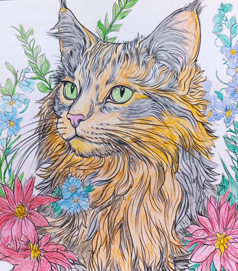 May include: A colored pencil drawing of a long-haired cat with green eyes, orange and grey fur, and tufted ears. The cat is surrounded by vibrant pink flowers, blue blossoms, and green leafy stems, all rendered with detailed line work and shading.