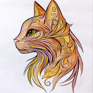 May include: A profile illustration of a cat head featuring intricate swirling patterns and decorative lines. The artwork is colored in vibrant shades of orange, yellow, and pink, with a single prominent green eye visible on the side of the face.