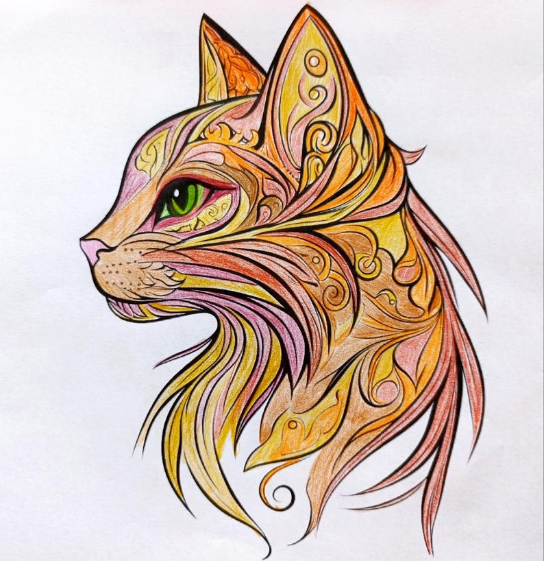 May include: A profile illustration of a cat head featuring intricate swirling patterns and decorative lines. The artwork is colored in vibrant shades of orange, yellow, and pink, with a single prominent green eye visible on the side of the face.