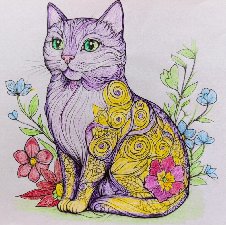 May include: A colored pencil drawing of a cat with purple fur and yellow swirling patterns on its body. The cat has bright green eyes and is surrounded by various flowers in shades of red, pink, and light blue with green leaves and stems.