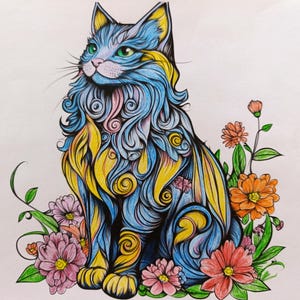 May include: A colorful illustration of a seated cat with blue and yellow swirling fur patterns and bright green eyes, surrounded by a variety of pink and orange flowers with green leaves, rendered in a detailed, stylized artistic drawing style.