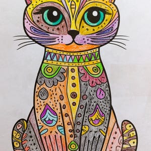 May include: A colorful drawing of a seated cat featuring intricate patterns and bold outlines. The cat has large teal eyes, a yellow face with purple accents, and a body filled with orange, gray, and yellow sections decorated with dots and shapes.