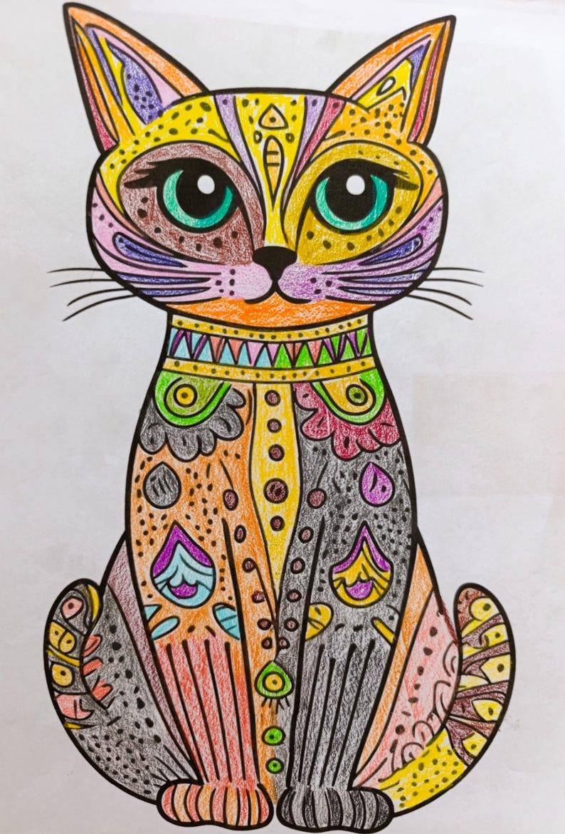 May include: A colorful drawing of a seated cat featuring intricate patterns and bold outlines. The cat has large teal eyes, a yellow face with purple accents, and a body filled with orange, gray, and yellow sections decorated with dots and shapes.