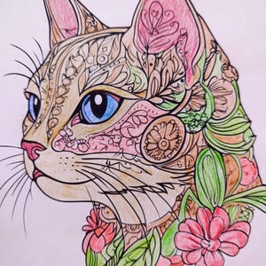 May include: A colored pencil drawing of a cat head in profile, featuring intricate black line patterns throughout the fur. The cat has bright blue eyes, a pink nose, and is surrounded by green leaves and pink flowers at the base of the neck.