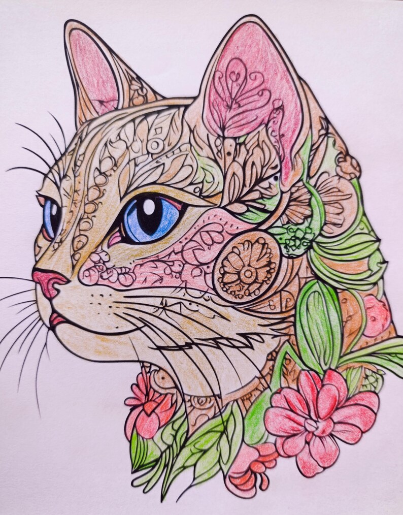 May include: A colored pencil drawing of a cat head in profile, featuring intricate black line patterns throughout the fur. The cat has bright blue eyes, a pink nose, and is surrounded by green leaves and pink flowers at the base of the neck.