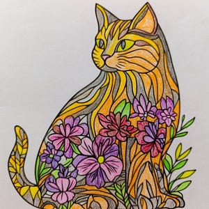 May include: A colored pencil drawing of a cat sitting in profile, featuring a stylized pattern of orange and gray flowing lines. The cat's body is decorated with clusters of purple and pink flowers, with bright green leaves at the base.
