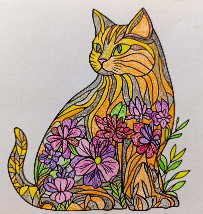 May include: A colored pencil drawing of a cat sitting in profile, featuring a stylized pattern of orange and gray flowing lines. The cat's body is decorated with clusters of purple and pink flowers, with bright green leaves at the base.