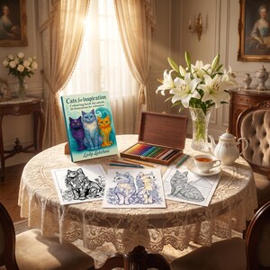 May include: A coloring book titled Cats for inspiration by Lady Lukshmi featuring three colorful cats on the cover, displayed on a wooden stand alongside a wooden box of colored pencils and three black and white cat illustrations on paper.