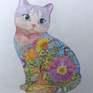 May include: A colored pencil drawing of a sitting cat with a purple head and blue eyes. The body is filled with a detailed, vibrant pattern of various flowers in shades of yellow, orange, blue, pink, and green, covering the entire torso.