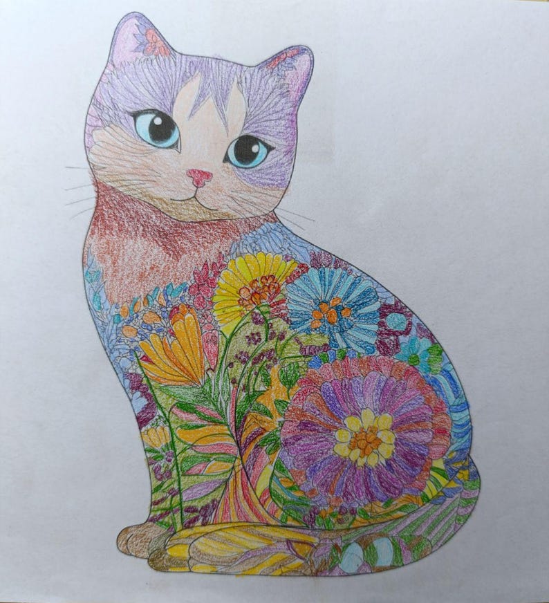 May include: A colored pencil drawing of a sitting cat with a purple head and blue eyes. The body is filled with a detailed, vibrant pattern of various flowers in shades of yellow, orange, blue, pink, and green, covering the entire torso.