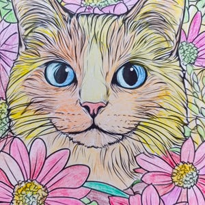 May include: A colored pencil drawing of a ginger cat with large blue eyes, centered and surrounded by a dense arrangement of pink and yellow daisy-like flowers with green stems and leaves, featuring detailed line work and vibrant shading.