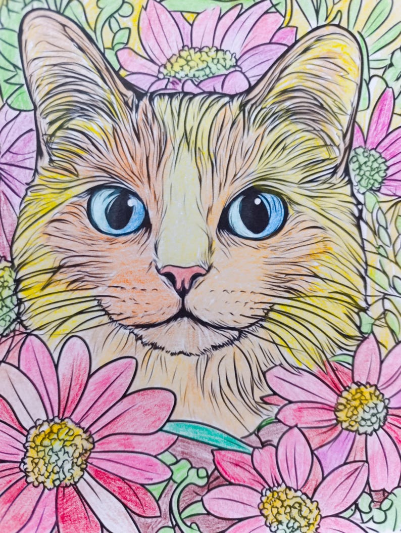 May include: A colored pencil drawing of a ginger cat with large blue eyes, centered and surrounded by a dense arrangement of pink and yellow daisy-like flowers with green stems and leaves, featuring detailed line work and vibrant shading.