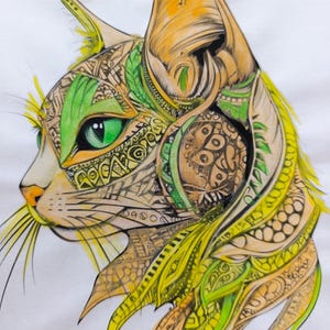 May include: A profile illustration of a cat head featuring intricate patterns in shades of yellow, lime green, and brown. The cat has a prominent, bright green eye, pointed ears with tufted tips, and long whiskers, all rendered with detailed line work.