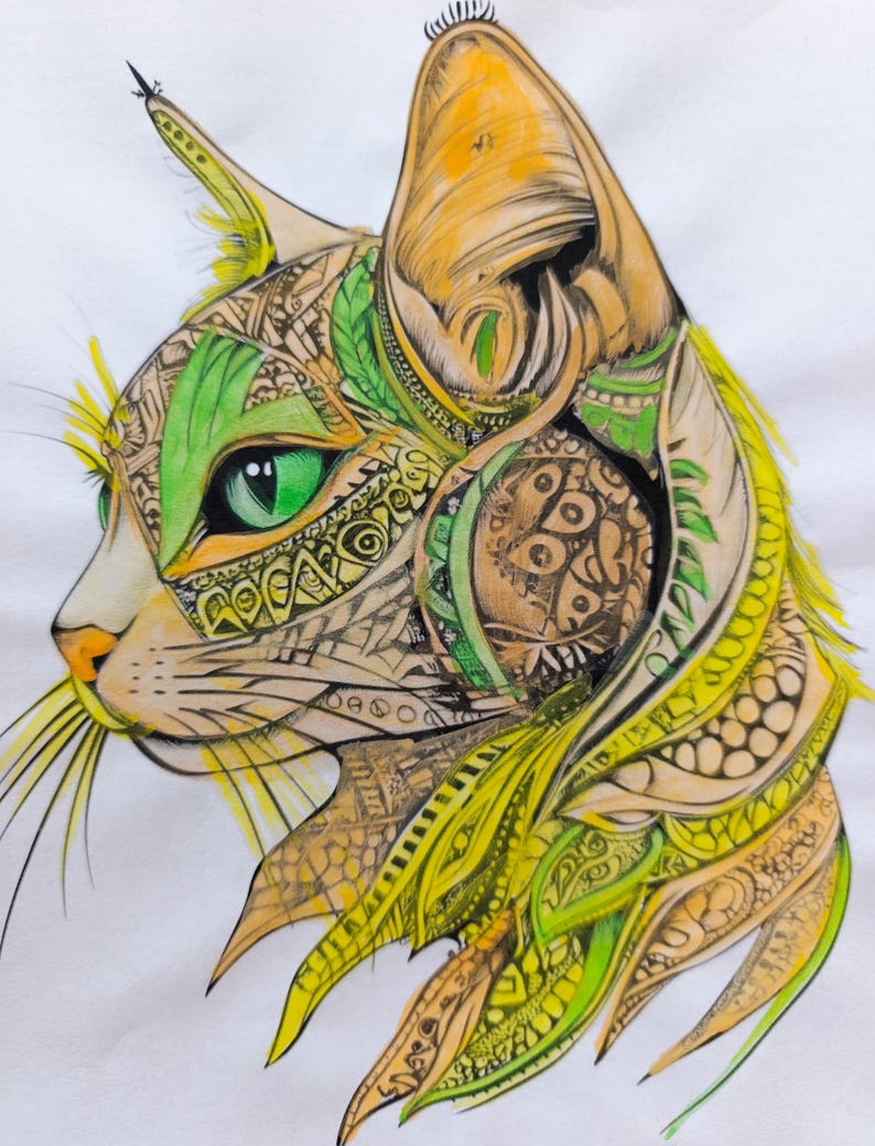 May include: A profile illustration of a cat head featuring intricate patterns in shades of yellow, lime green, and brown. The cat has a prominent, bright green eye, pointed ears with tufted tips, and long whiskers, all rendered with detailed line work.
